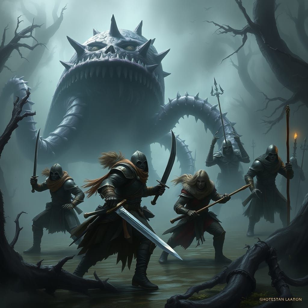 Fantasy Adventurers Fight Slime Beast in Foggy Swamp