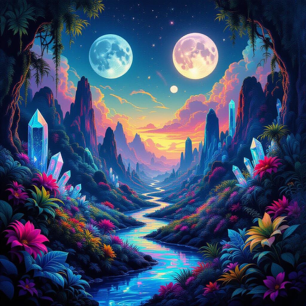 Vibrant Alien Jungle Under Twin Moons