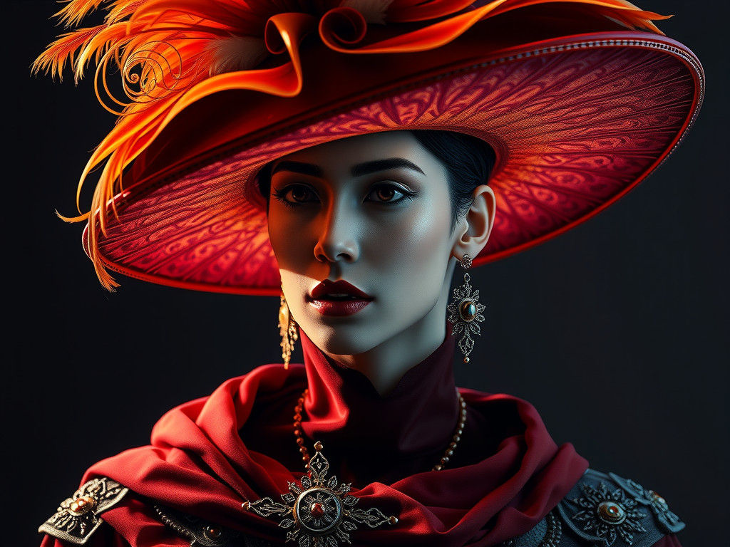 Regal Portrait with Oversized Hat in Dark Fantasy Style