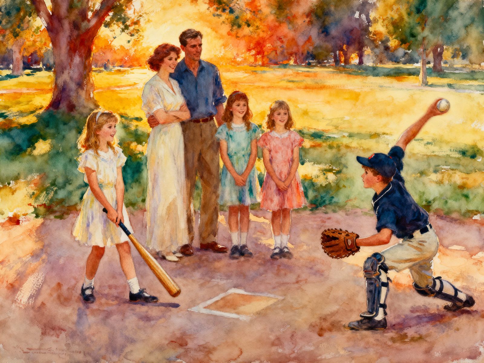 Family Playing Baseball in Park at Golden Hour