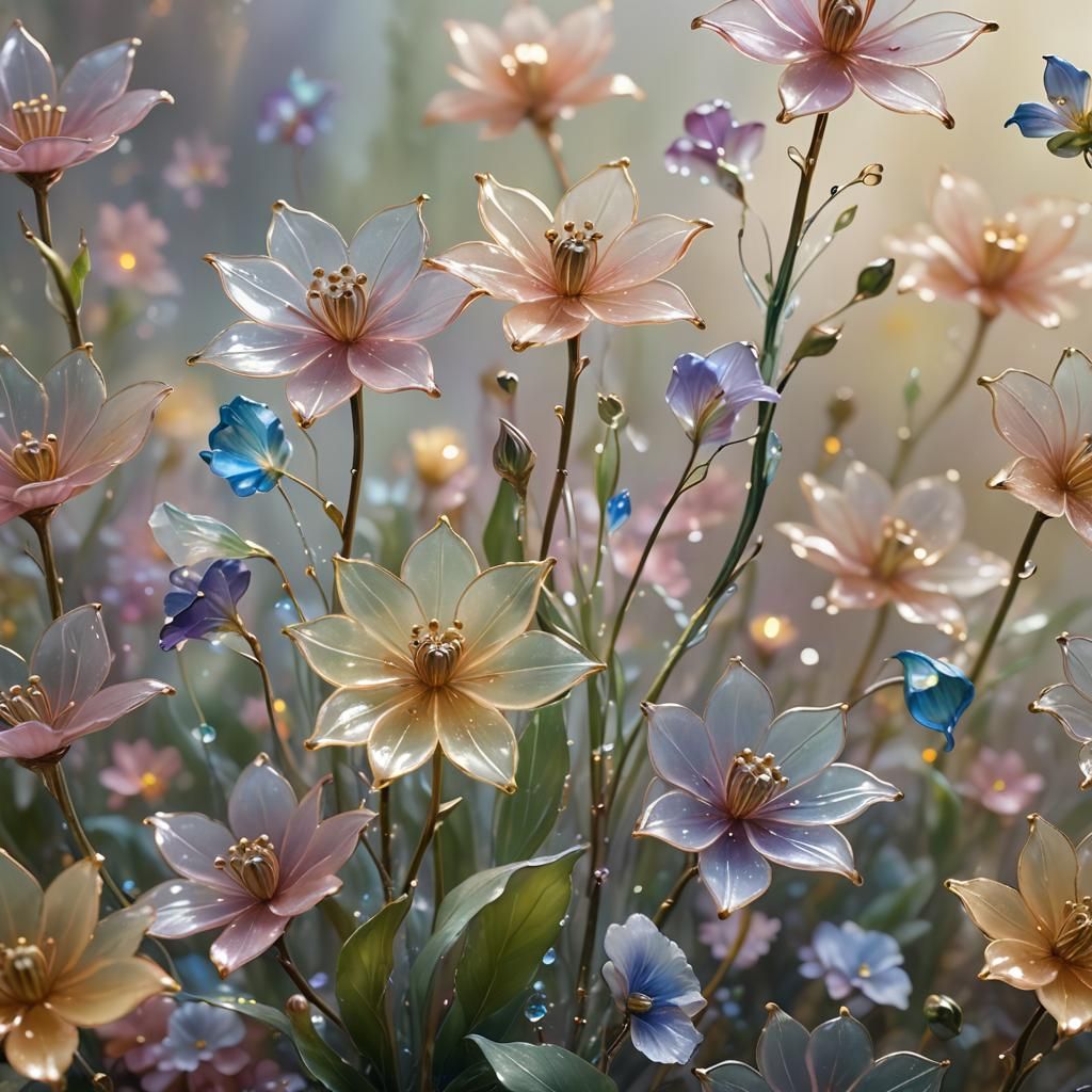 Ethereal Glass Flowers in Dreamlike Mist
