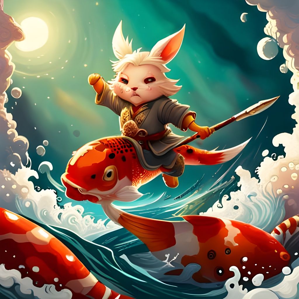 Rabbit Samurai on Koi Fish: Fantasycore Art