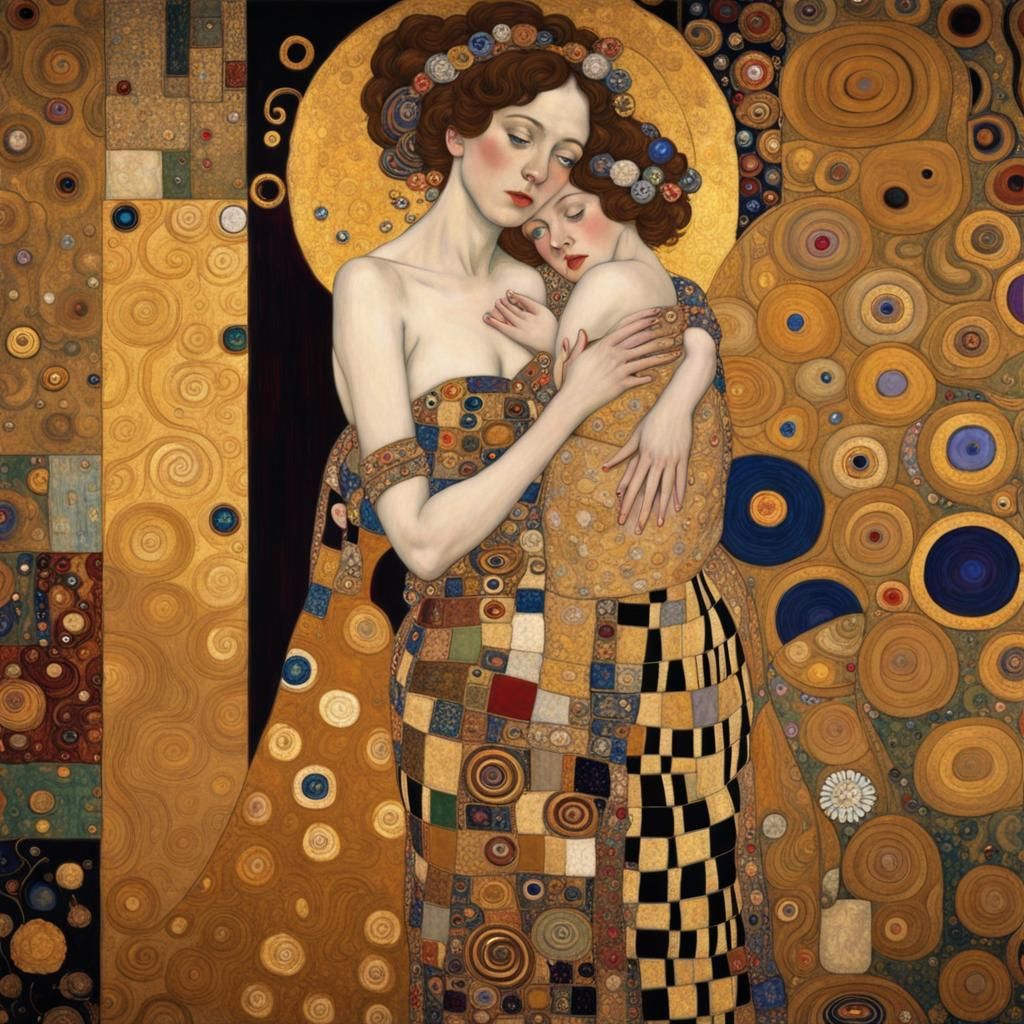 Art by Gustav Klimt, an ornate tapestry featuring a patchwor...