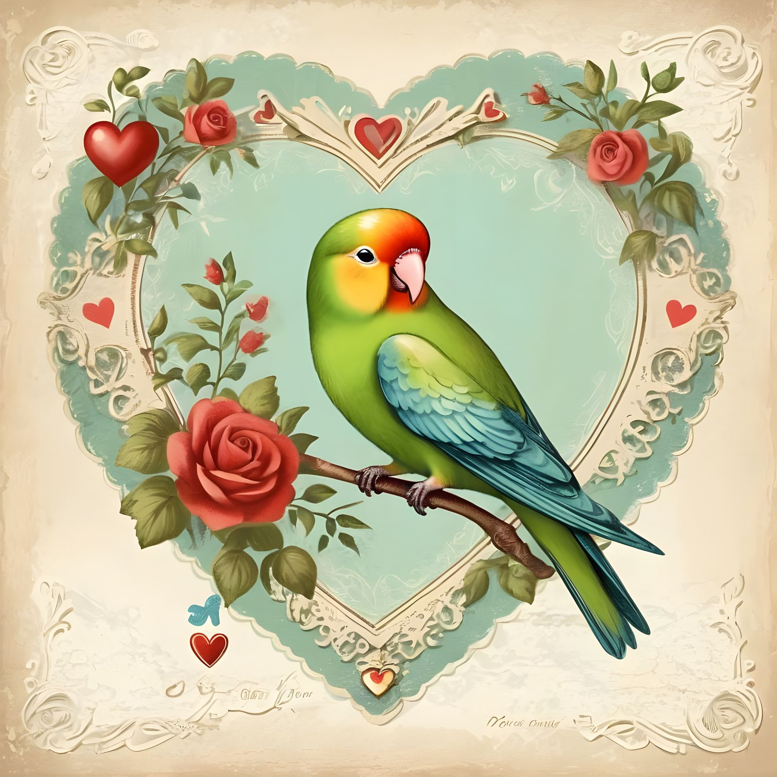 Vintage Lovebird Perched on Heart in Elegant Romantic Settin...