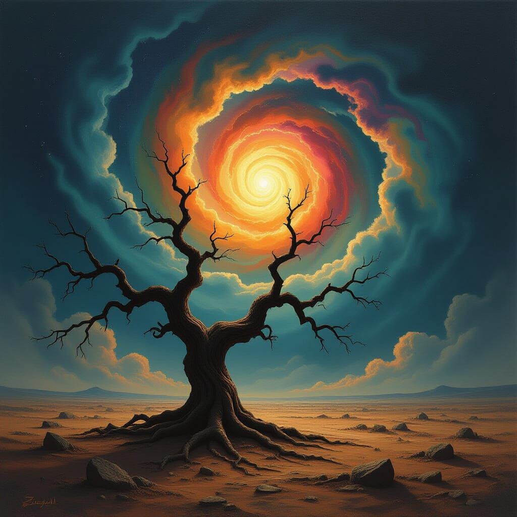 Gnarled Tree in Cosmic Wasteland, Dark Fantasy Oil Painting