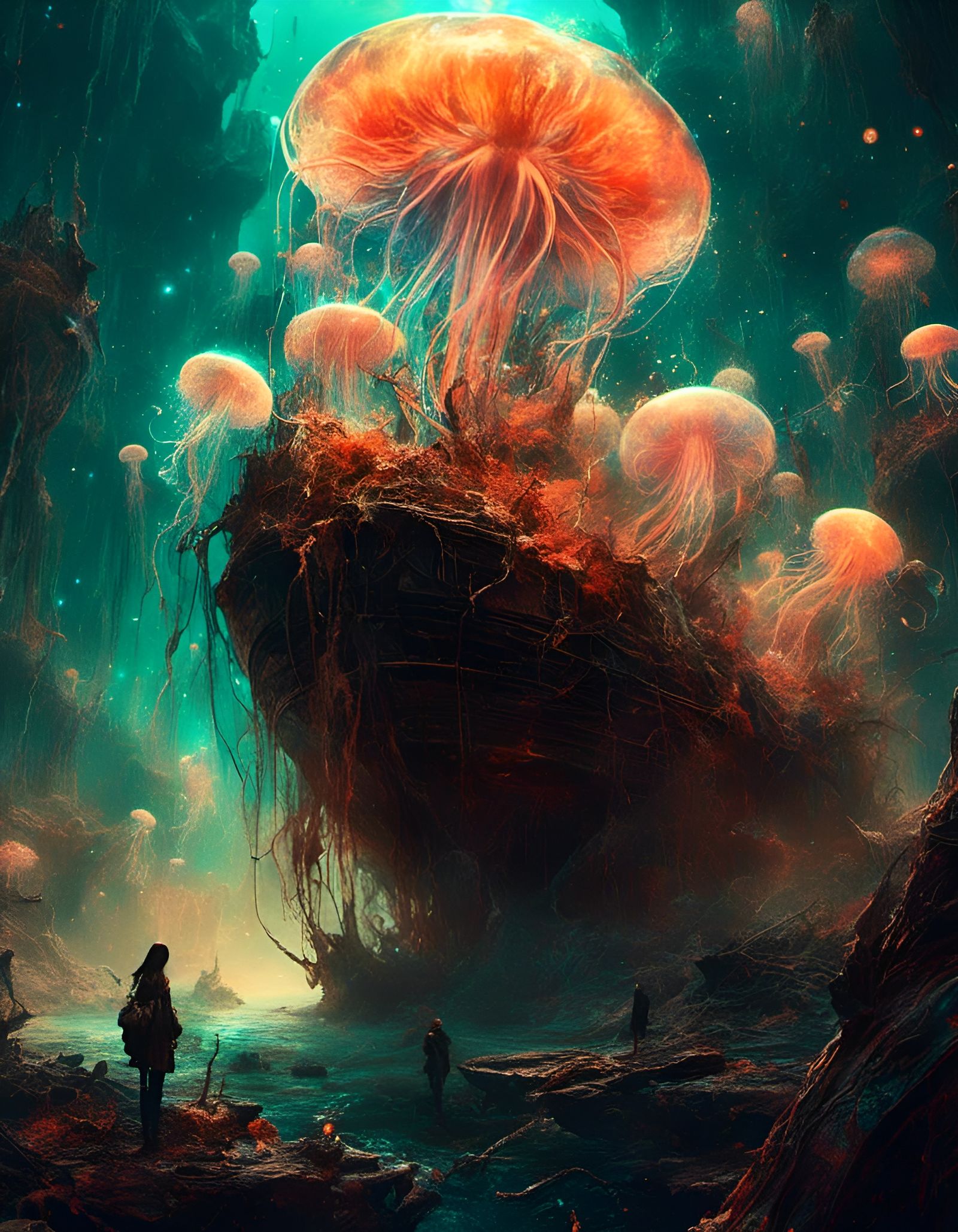 Bioluminescent Star Jellyfish Explosion in Fantasy Landscape