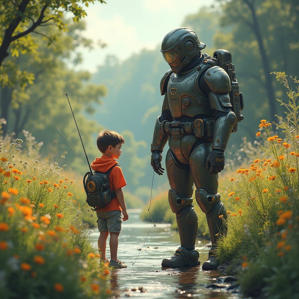 Futuristic Father and Son Fishing Adventure