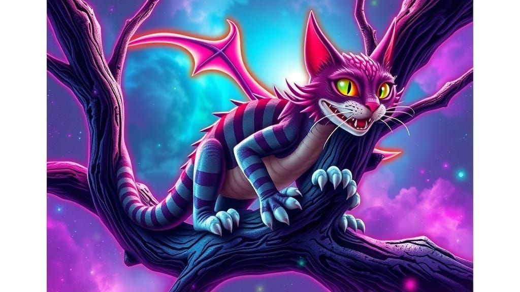 Dragon Perched on Tree Branch in Vibrant Neon Psychedelia