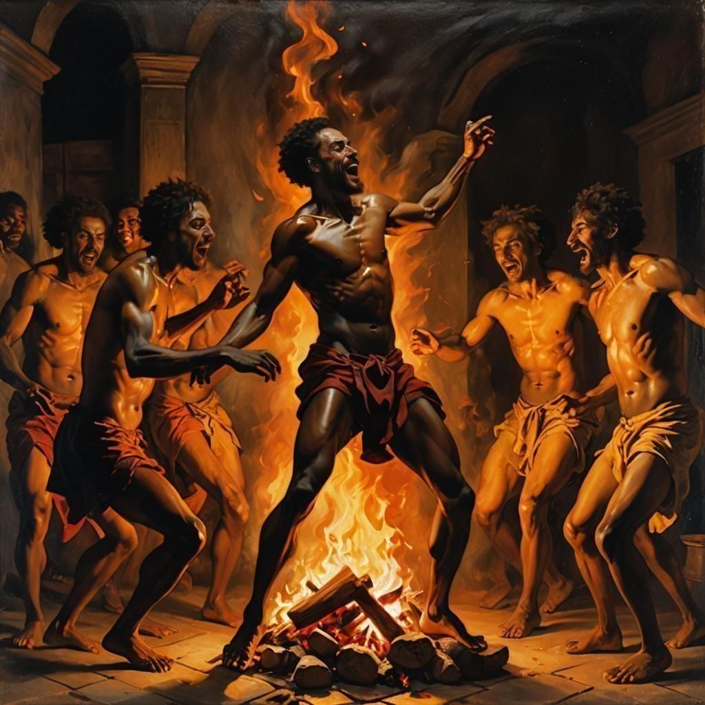 Ecstatic Dance Around Fire: Caravaggio Oil Painting