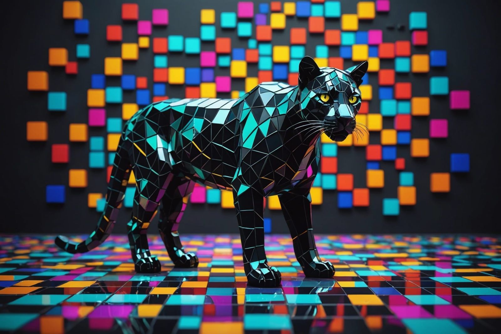 Vibrant Puma in Futuristic Technopunk Op Art
