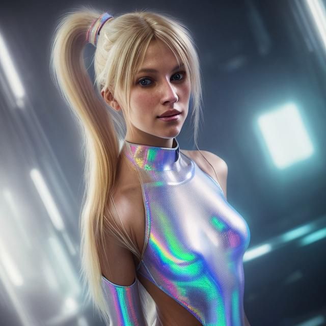 Woman in Holographic Bodysuit in Impasto Style