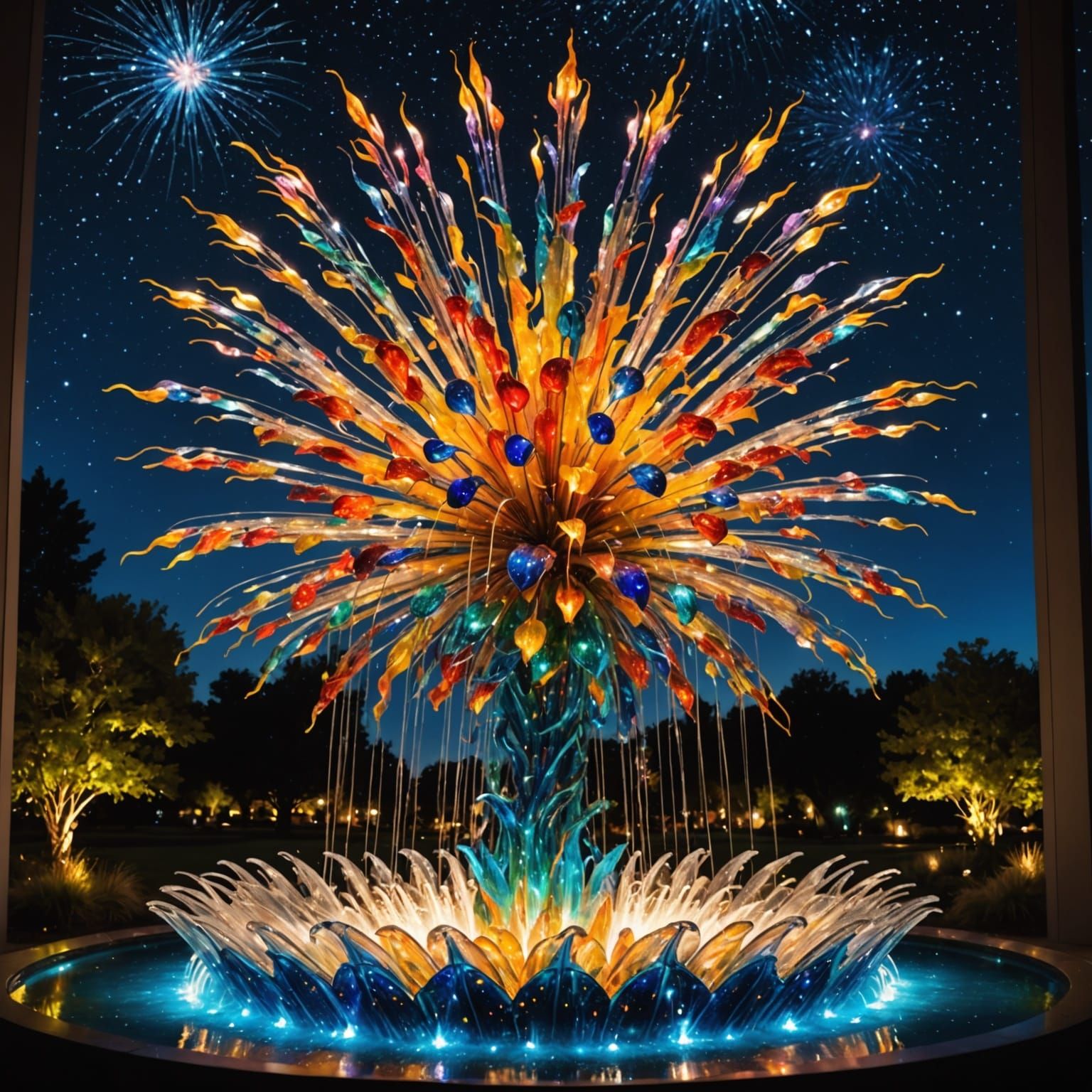 Stained Glass Fountain with Fireworks, Hyperrealistic Style