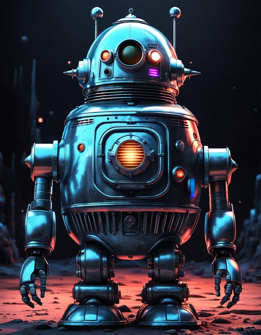 Retro Sci-Fi Robot Fusion in Hyperrealistic Comic Art