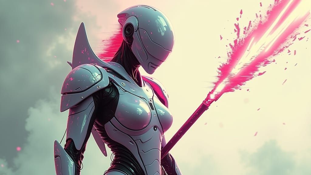 Glitchy Cyberpunk Warrior in Combat Armor