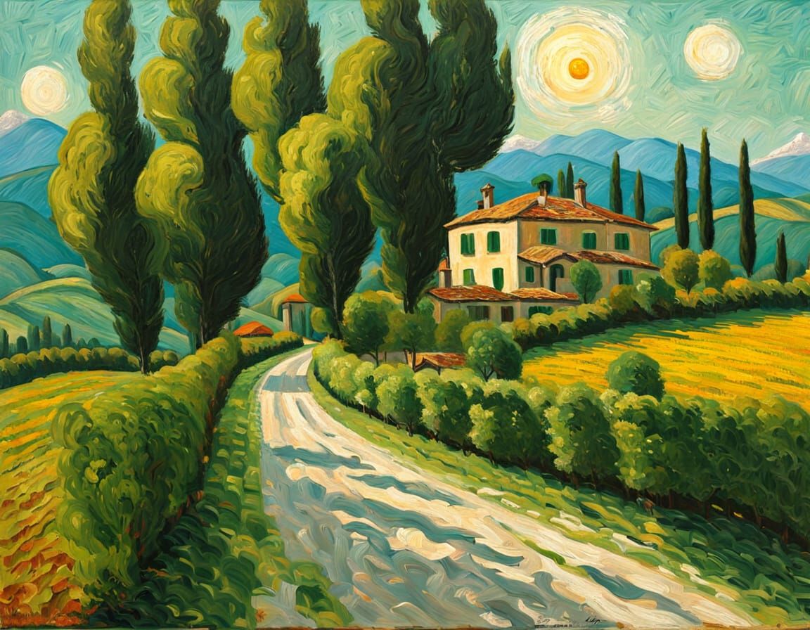 Impasto Painting of Italian Villa with Rolling Hills