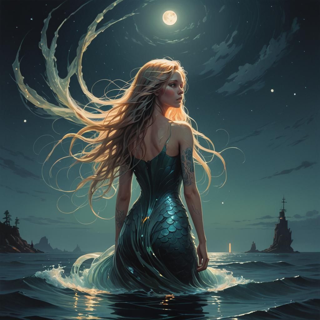 Luminous Mermaid in Bioluminescent Ocean, Digital Art