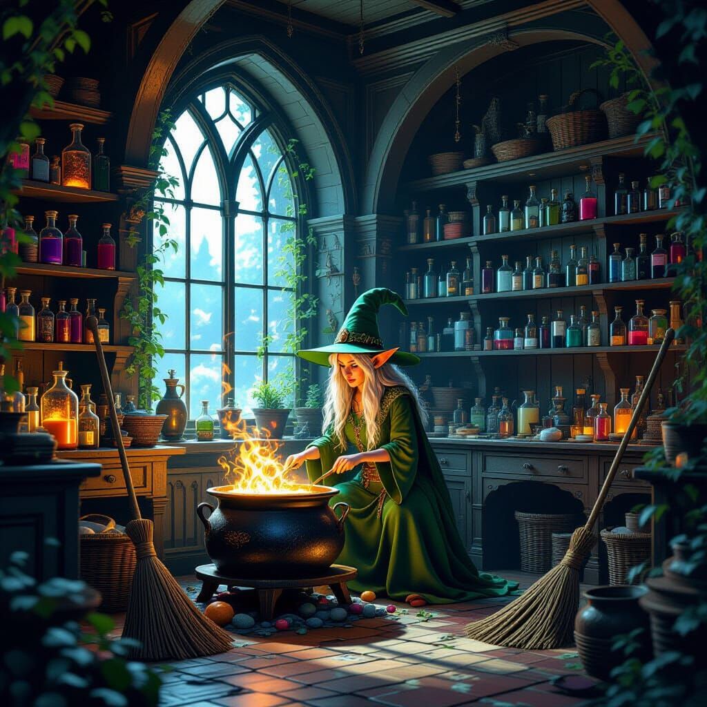 an enchanted witch's room with magical potions and a cauldro...