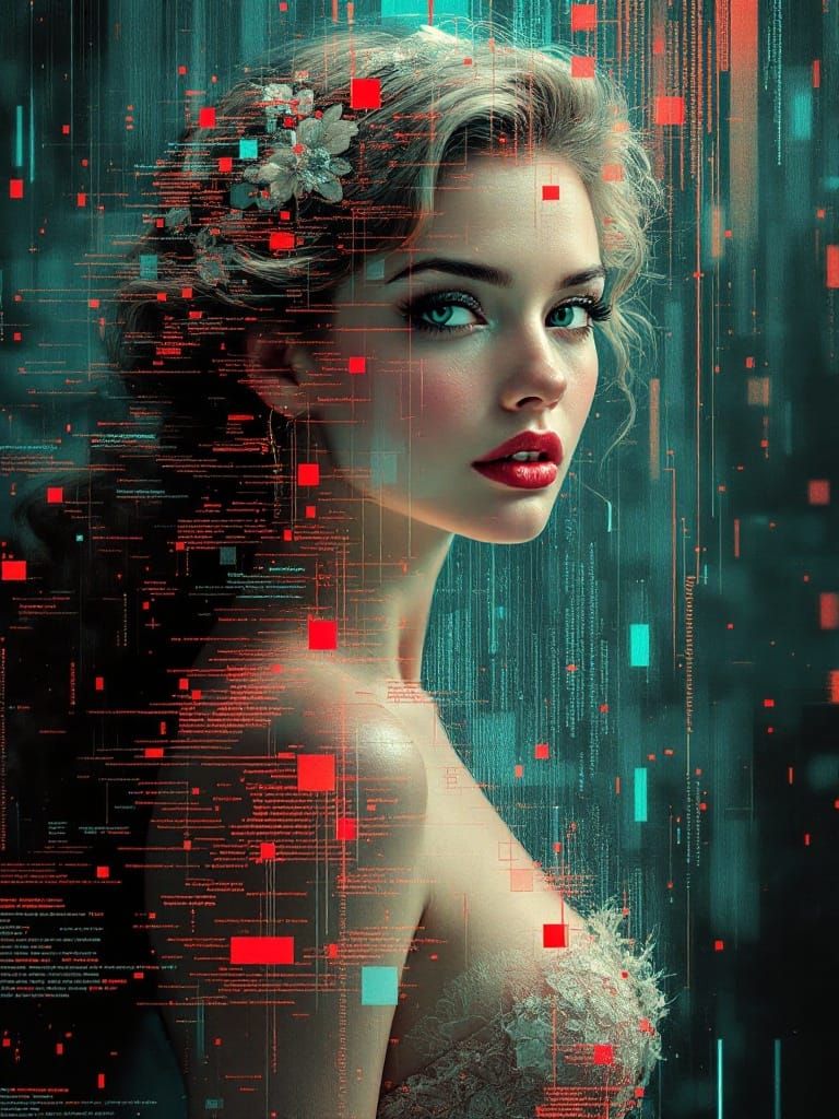 Glitch Art Portrait of Blond Woman in Tonalist Style