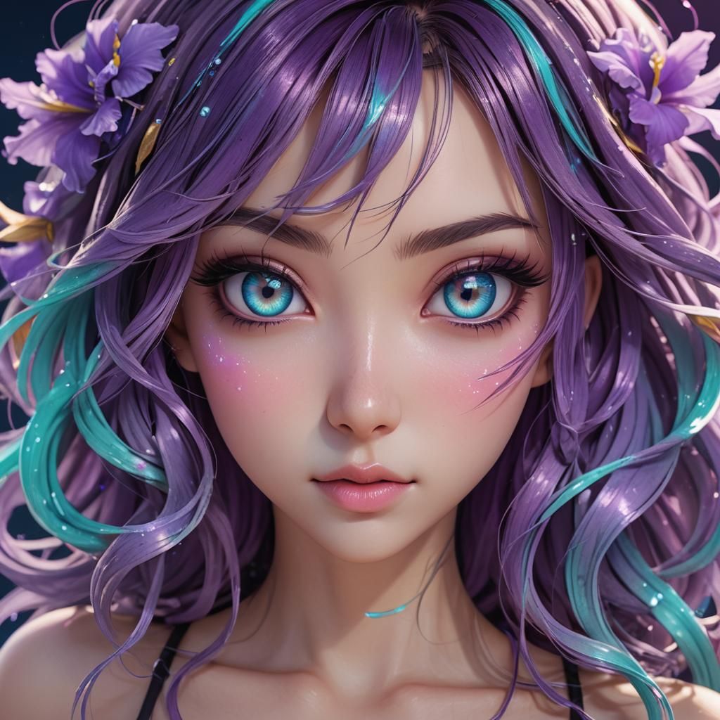 Vibrant Anime Girl with Purple Eyes in 3D