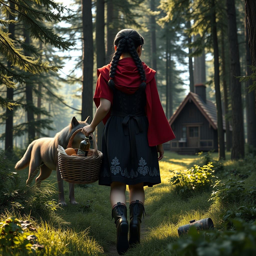 Young Woman Walks in Sun-Dappled Forest with Wolf and Cottag...