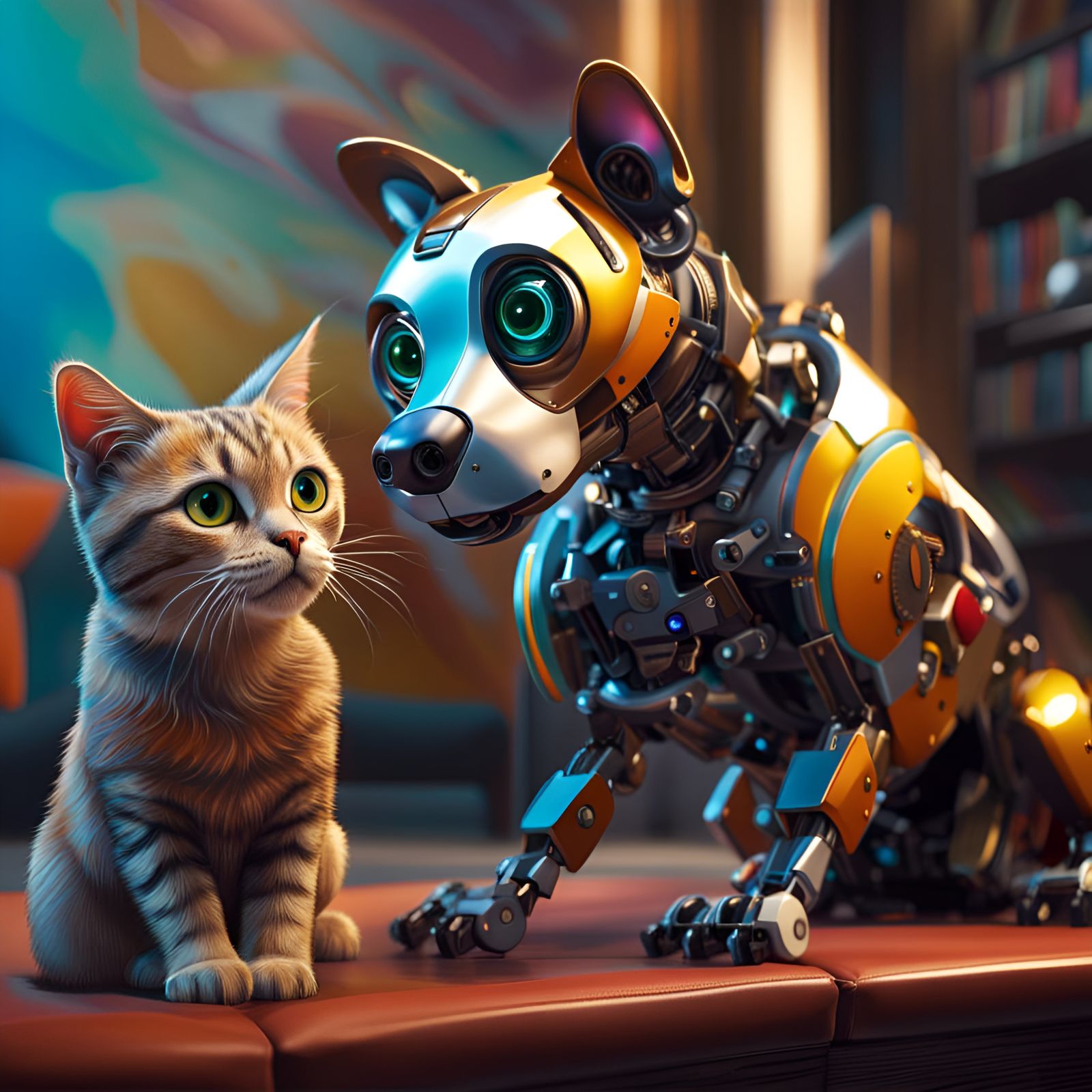 a playful robotic dog and a cute kitten