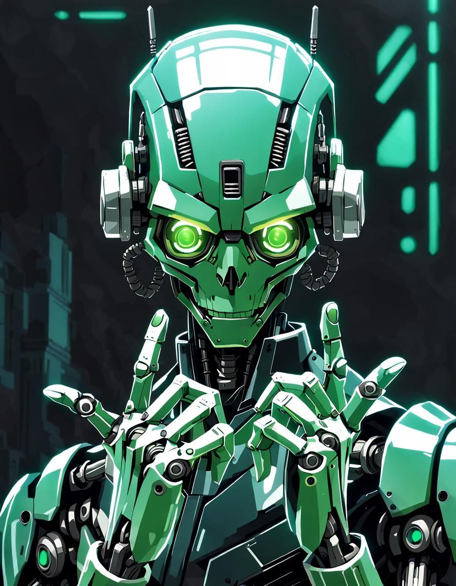 Green Robot Head in Sci-Fi Anime Style