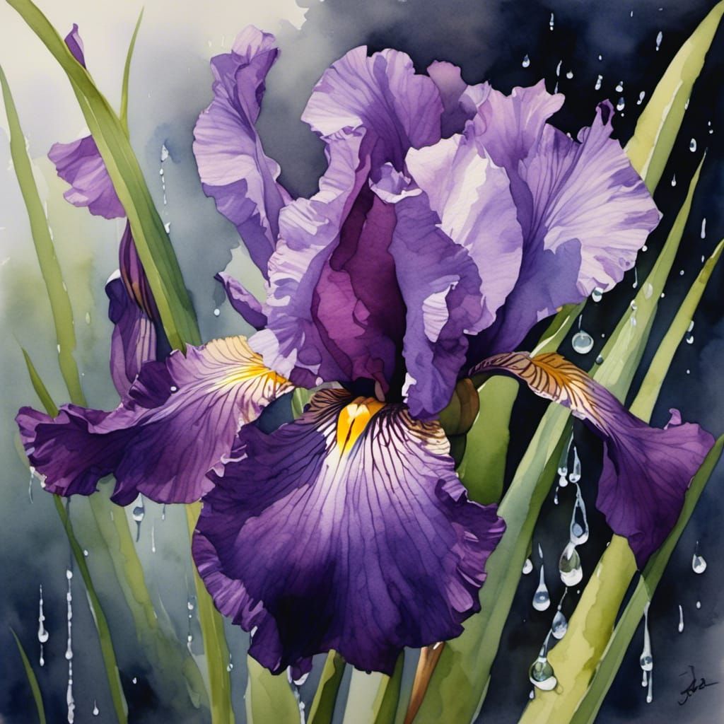 Purple Iris with Raindrops in Watercolor Style