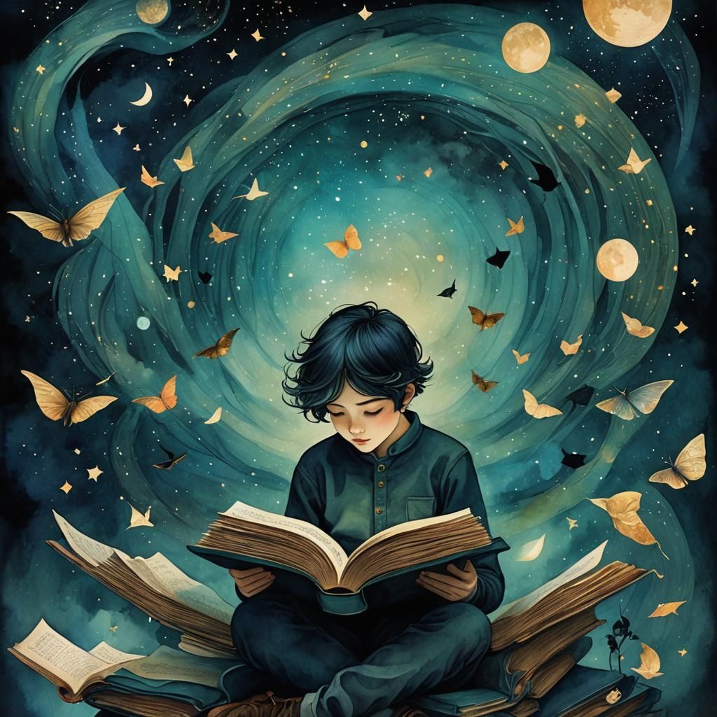 Dreamy Watercolor Boy Reading Poem