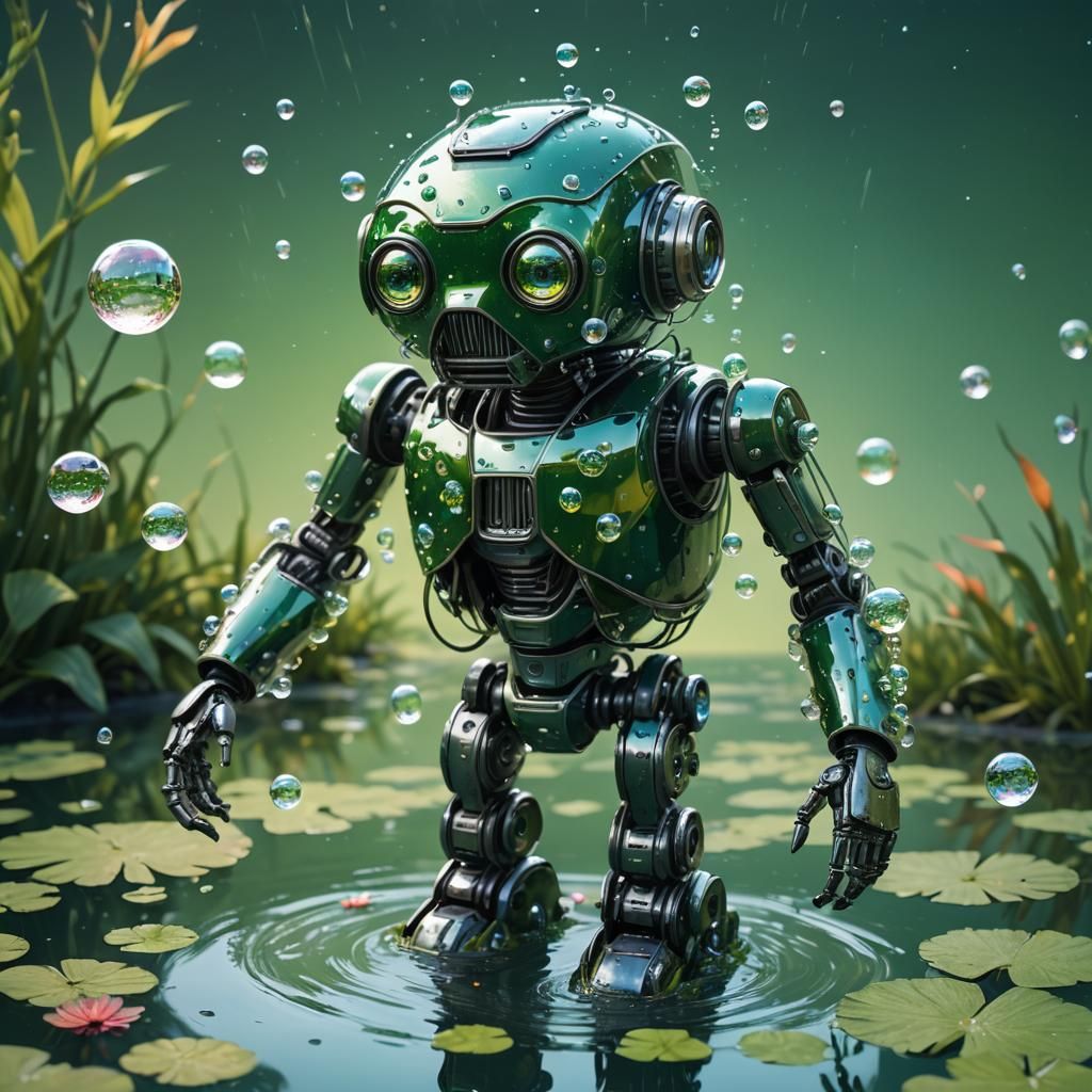 Sad Robot on Green Planet: Hyperrealistic Splash Art