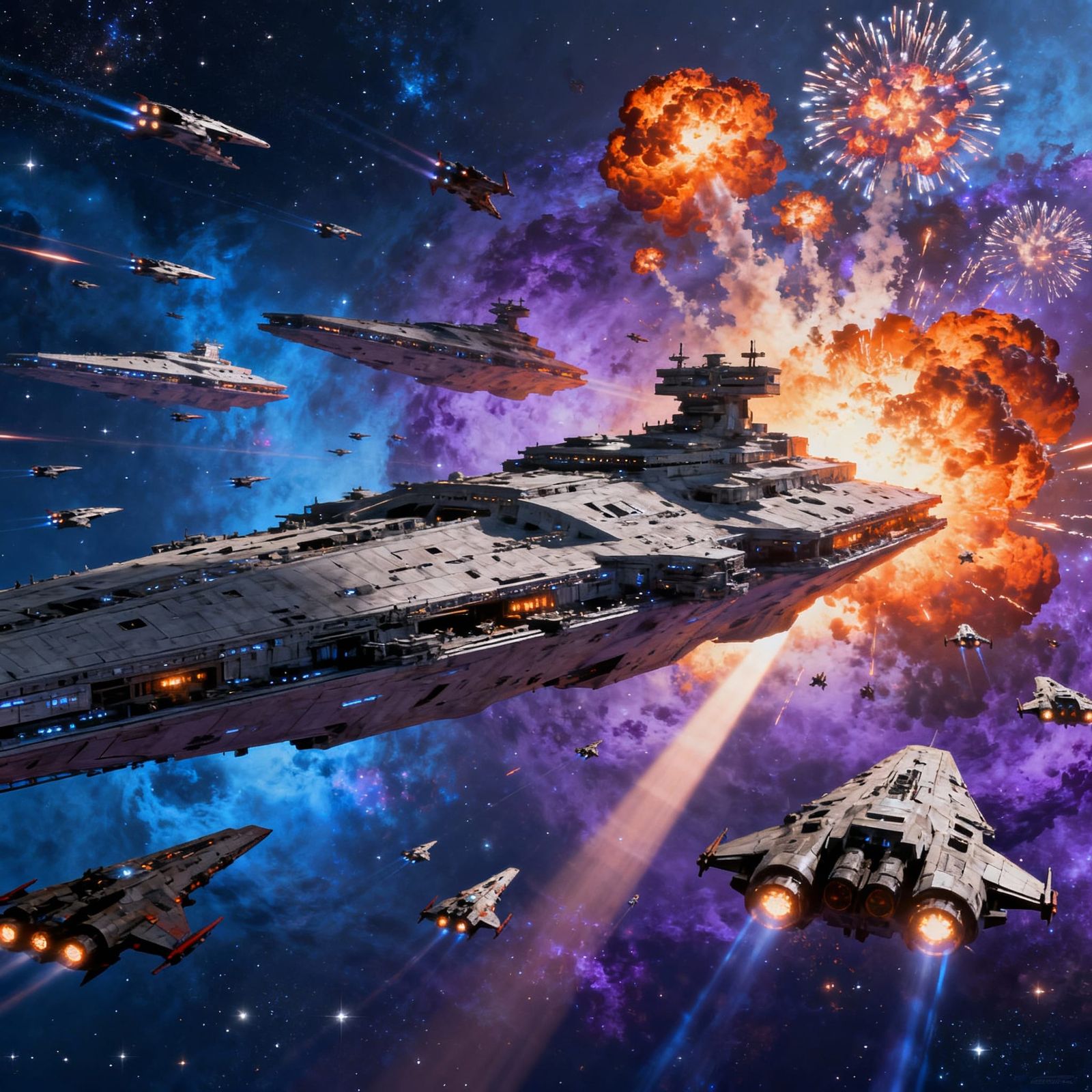 Epic Space Battle in Vibrant Nebula Digital Matte Painting