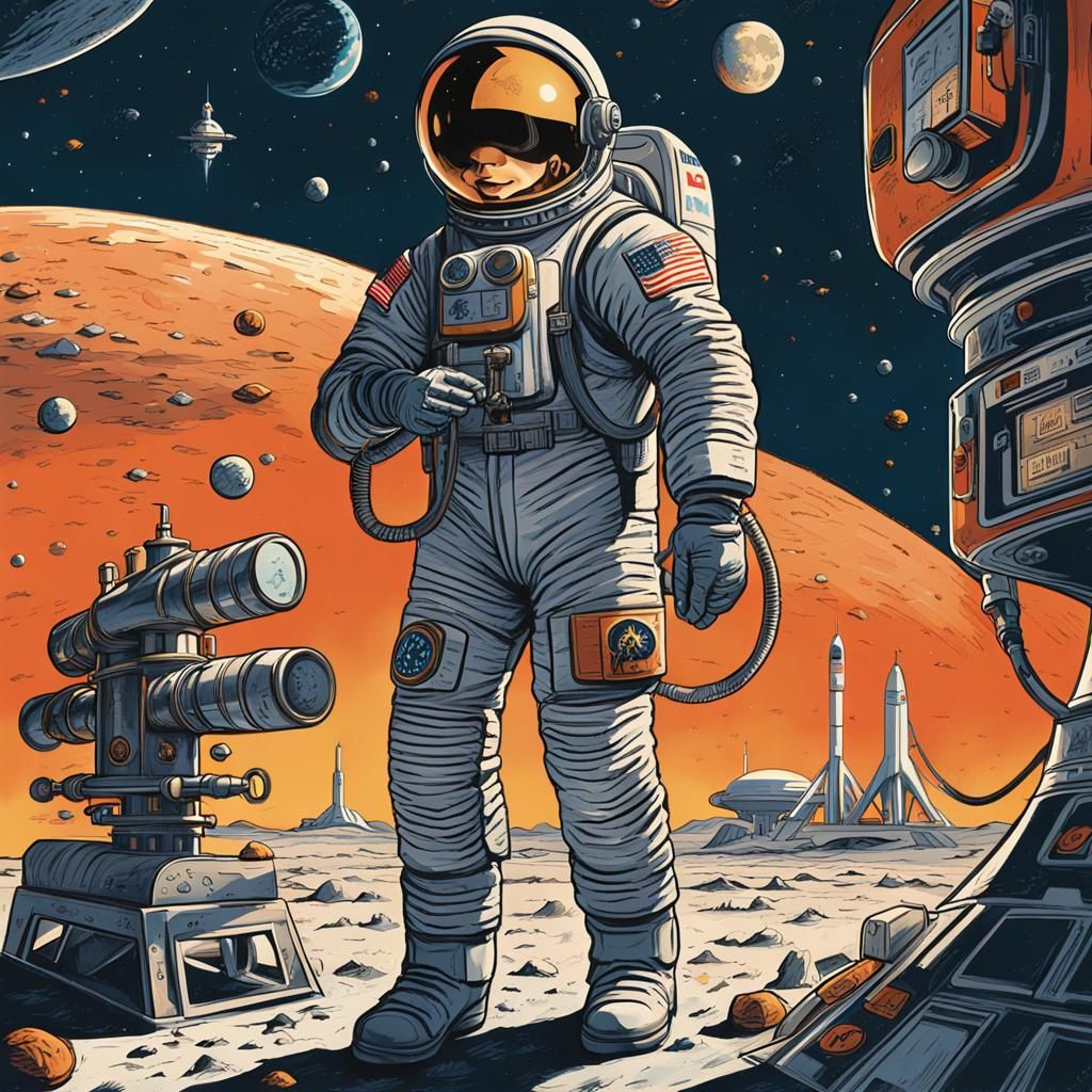 Retro-Futuristic Astronaut Refuels Rocket in Space