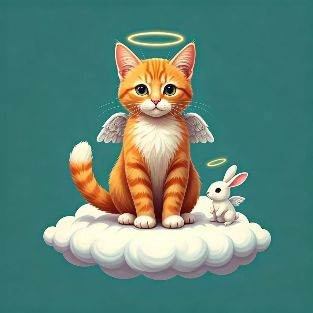Orange Cat and Rabbit with Halos on Cloud