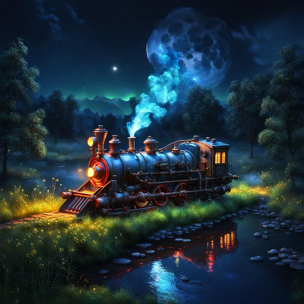 Fireflies Ascend in Moonlit Steampunk Landscape