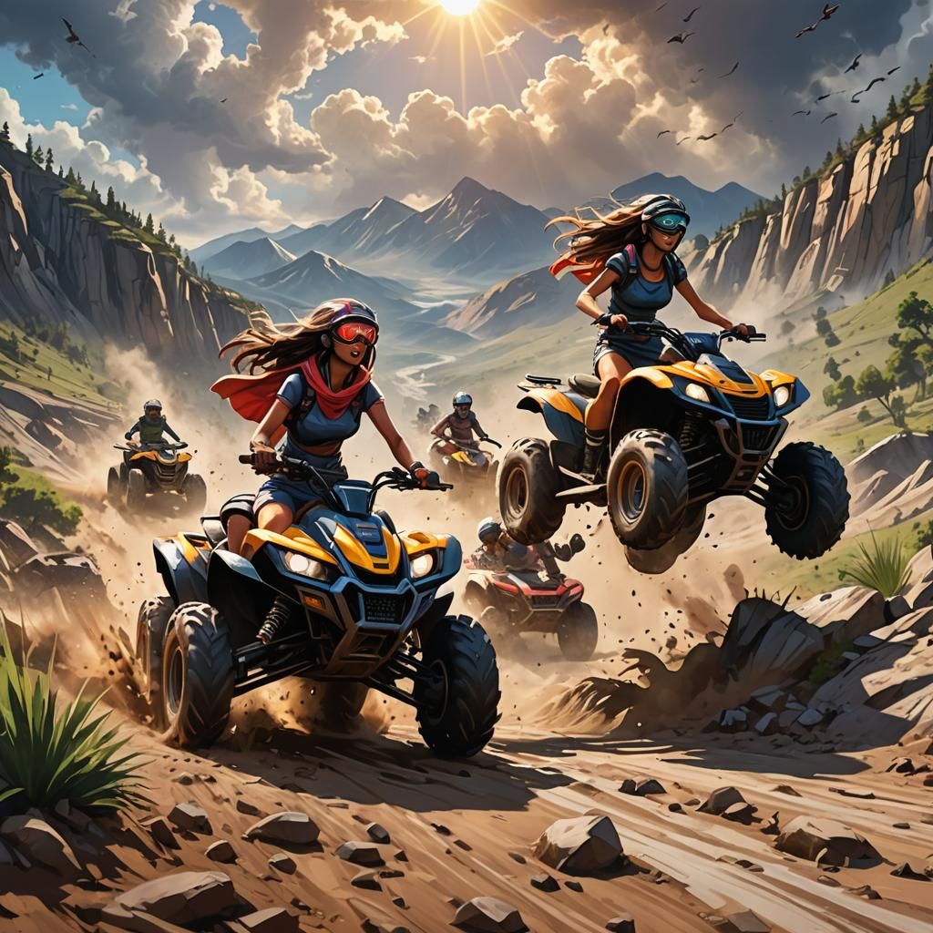 Girls Ride Quads in Mountains: Comic Book Illustration