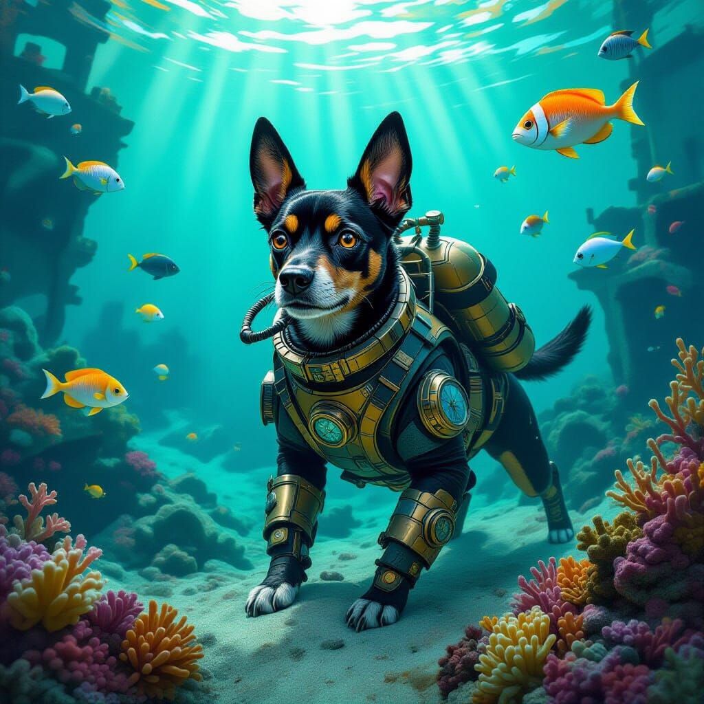 Steampunk German Pinscher Explores Sunken City Ruins