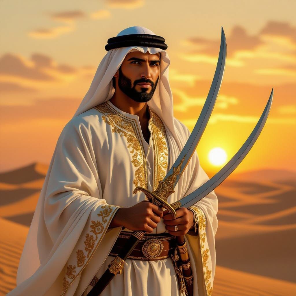 Proud Arabic Man with Scimitar in Desert Sunset