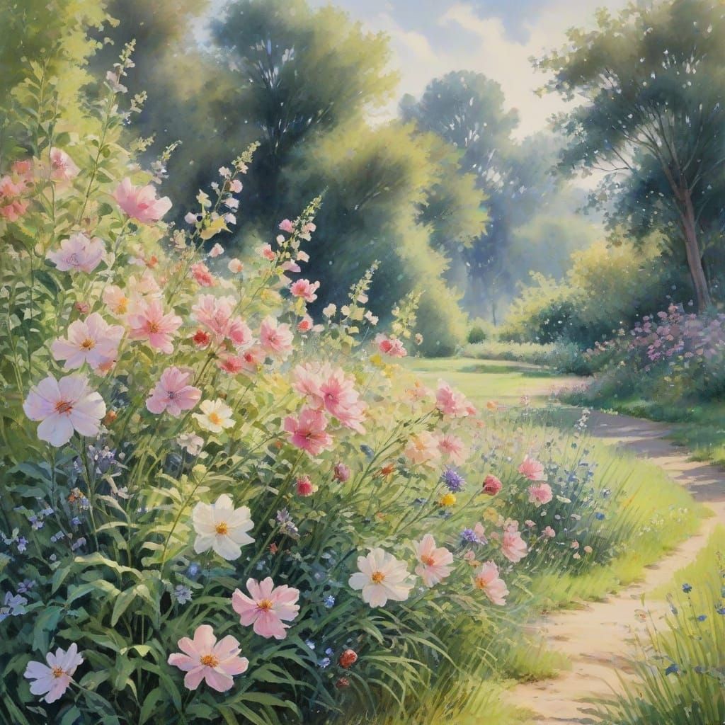 Impressionist Garden Scene with Vibrant Flowers