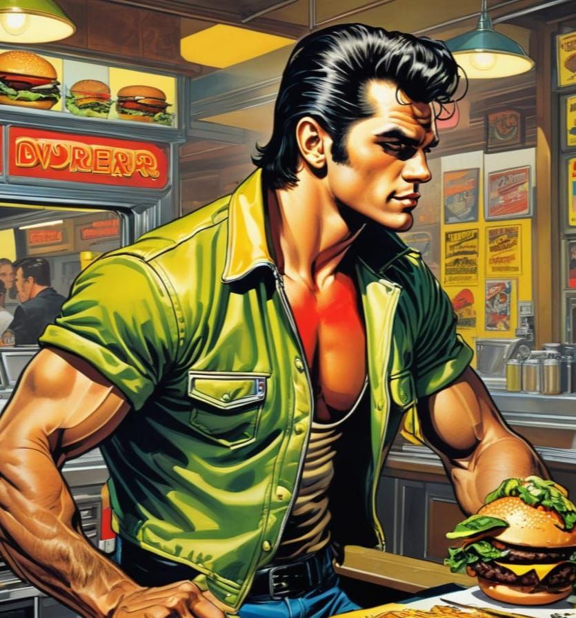 Swaggering Greaser Burger in a Drive-in Diner Comic Book Sty...