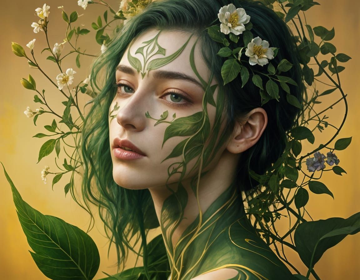 Symbiotic Bloom: Androgynous Portrait with Floral Growth