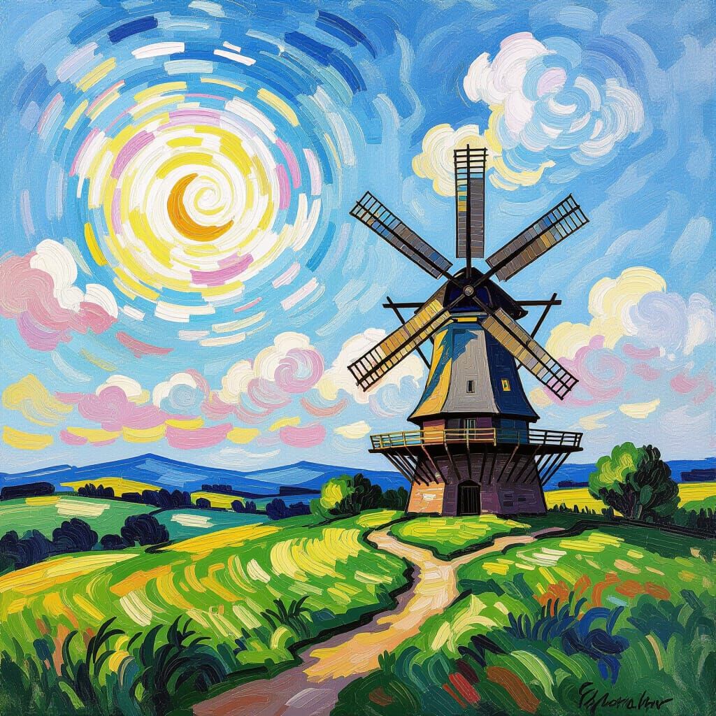 Impasto Painting of a Whimsical Windmill in Impressionist La...