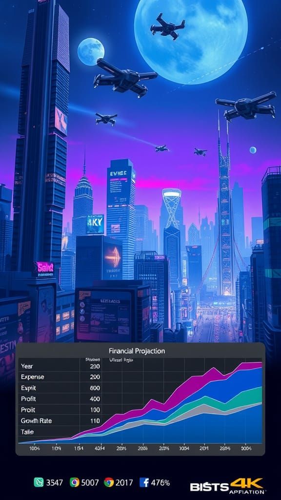 Cyberpunk Cityscape with Financial Projection Table