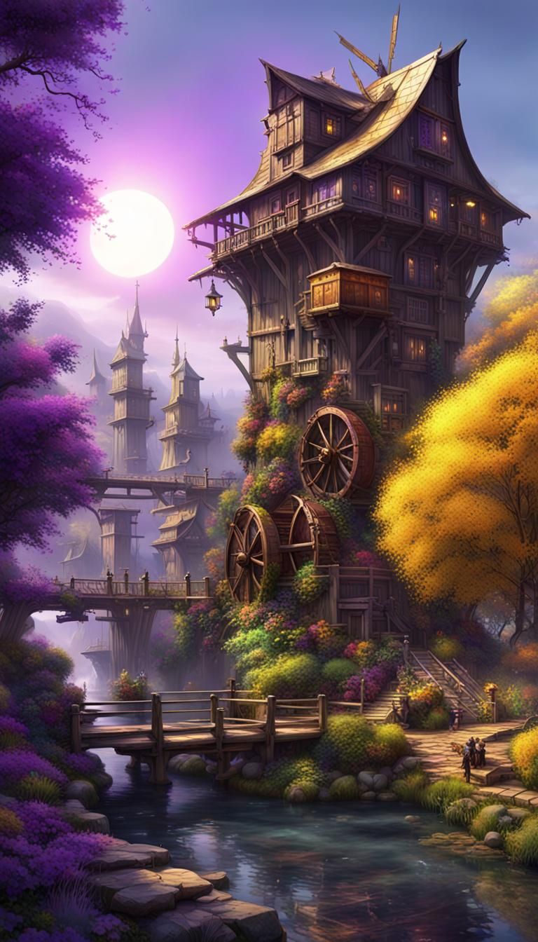 Solar Punk Village with Windmills in Dark Fantasy Style