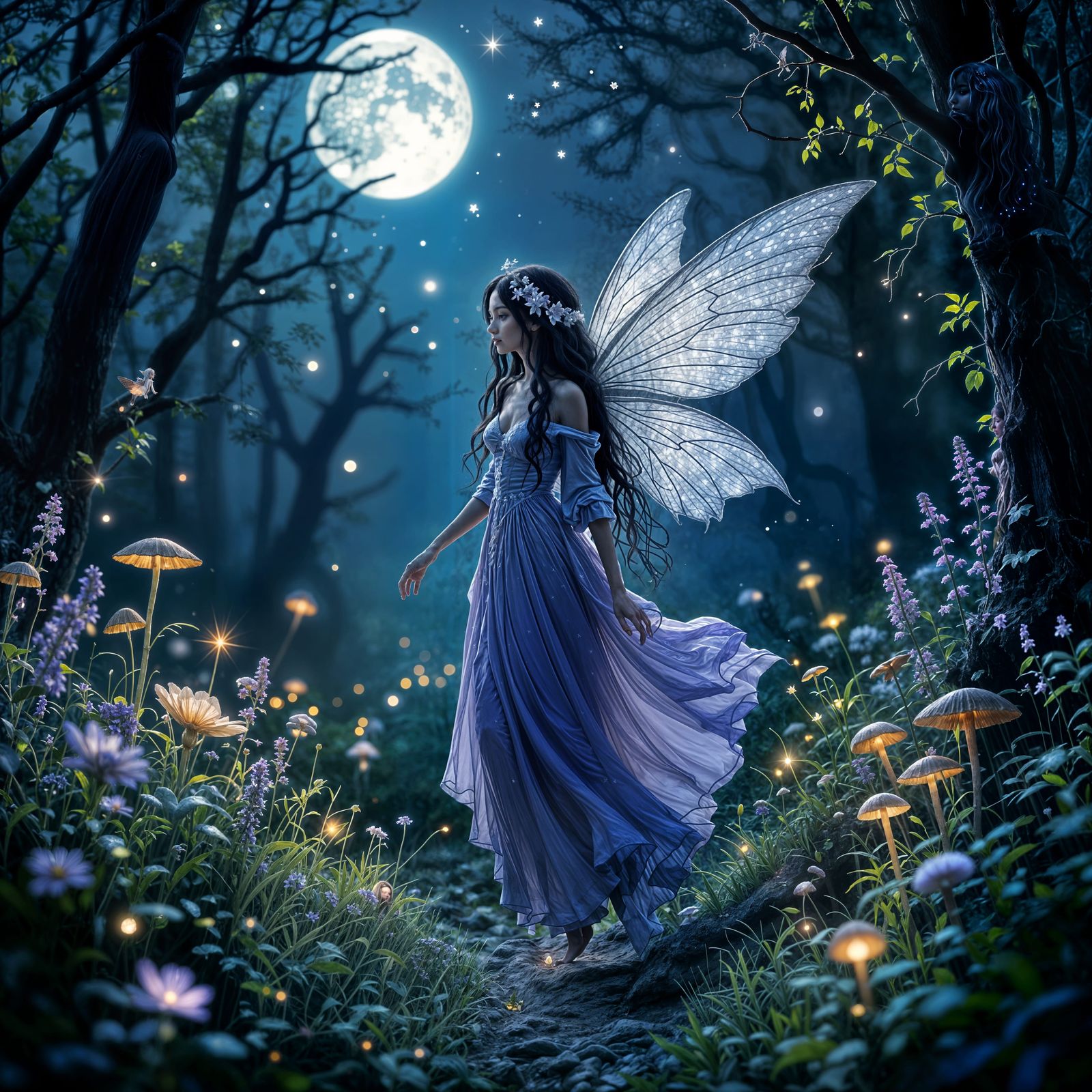 Ghostly Fairy in Lavender with Silver Wings in Ethereal Fore...