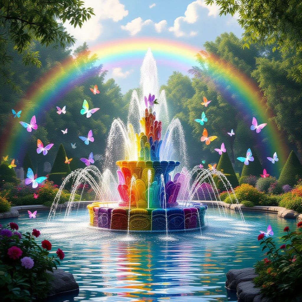 Majestic Rainbow Fountain in Fantasy Garden with Crystal But...