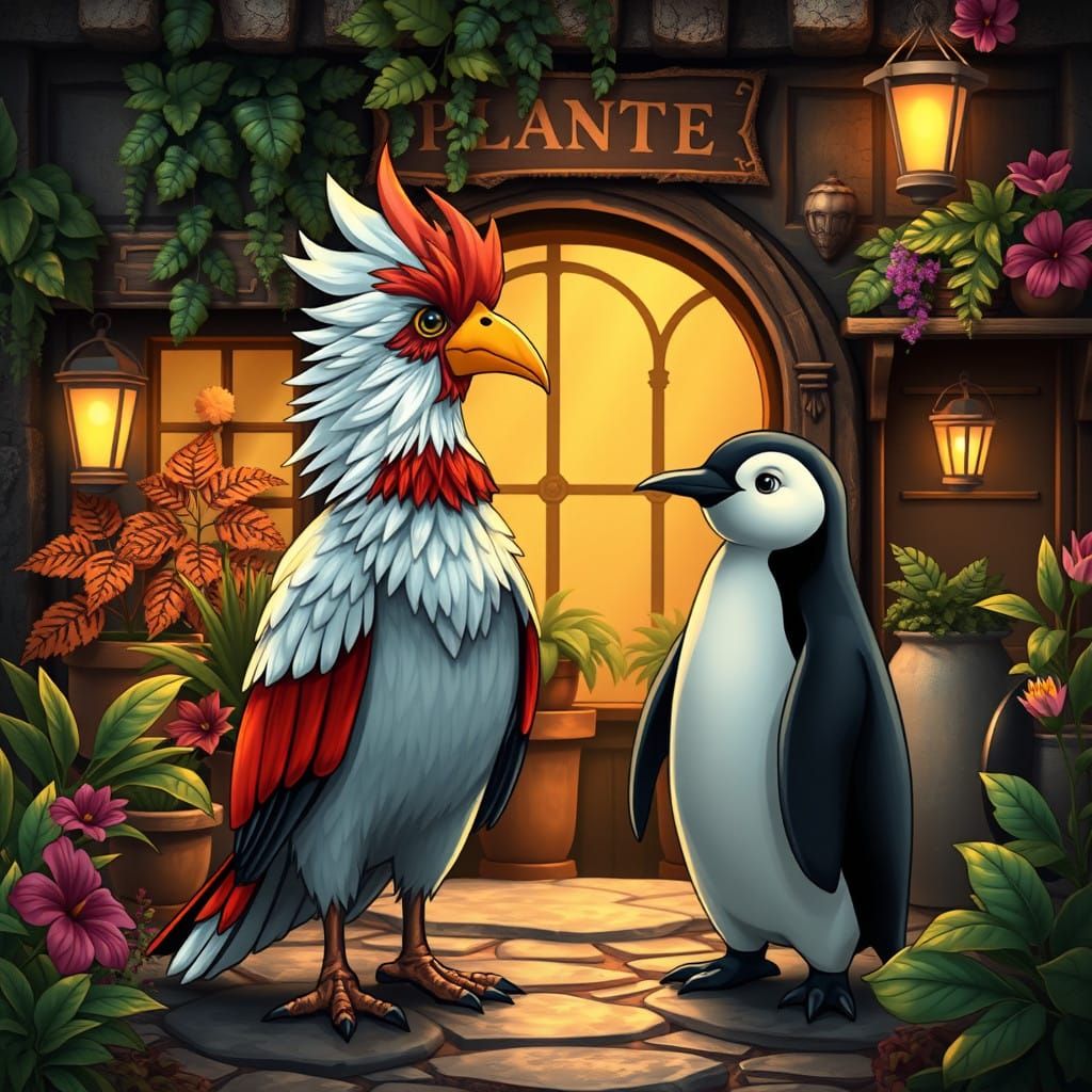 Comical Bird and Penguin Engage in Whimsical Conversation in...