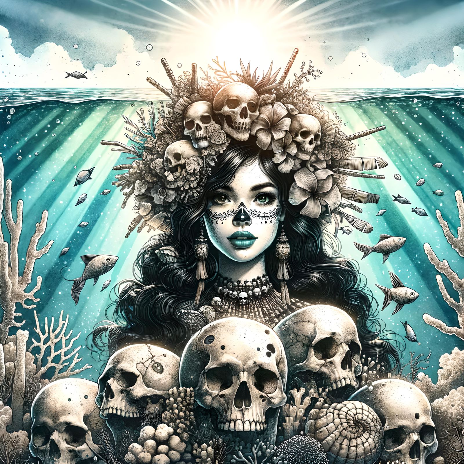 Hispanic Mermaid with Skulls in Watercolor Style