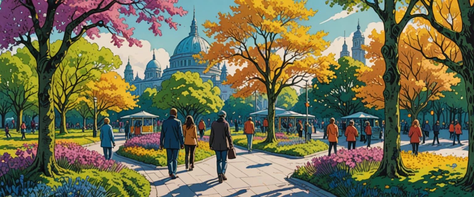 Futuristic Park Scene in Comic Book Style