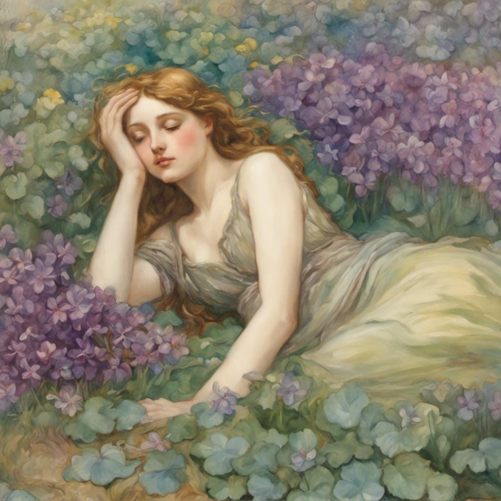 Nymph in Violet Field: Pre-Raphaelite Watercolor Painting