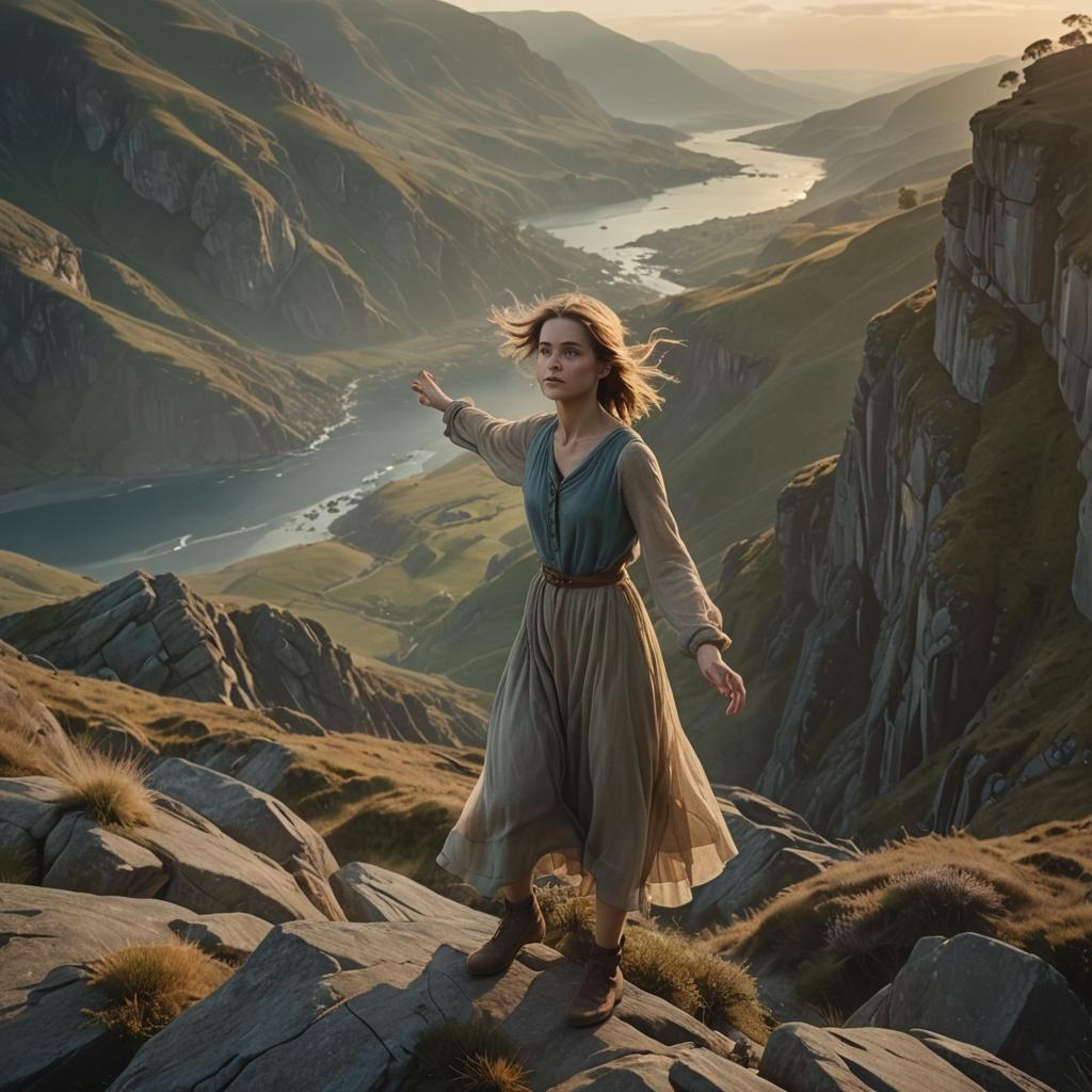 Ethereal Film Still: Woman on Windswept Cliff