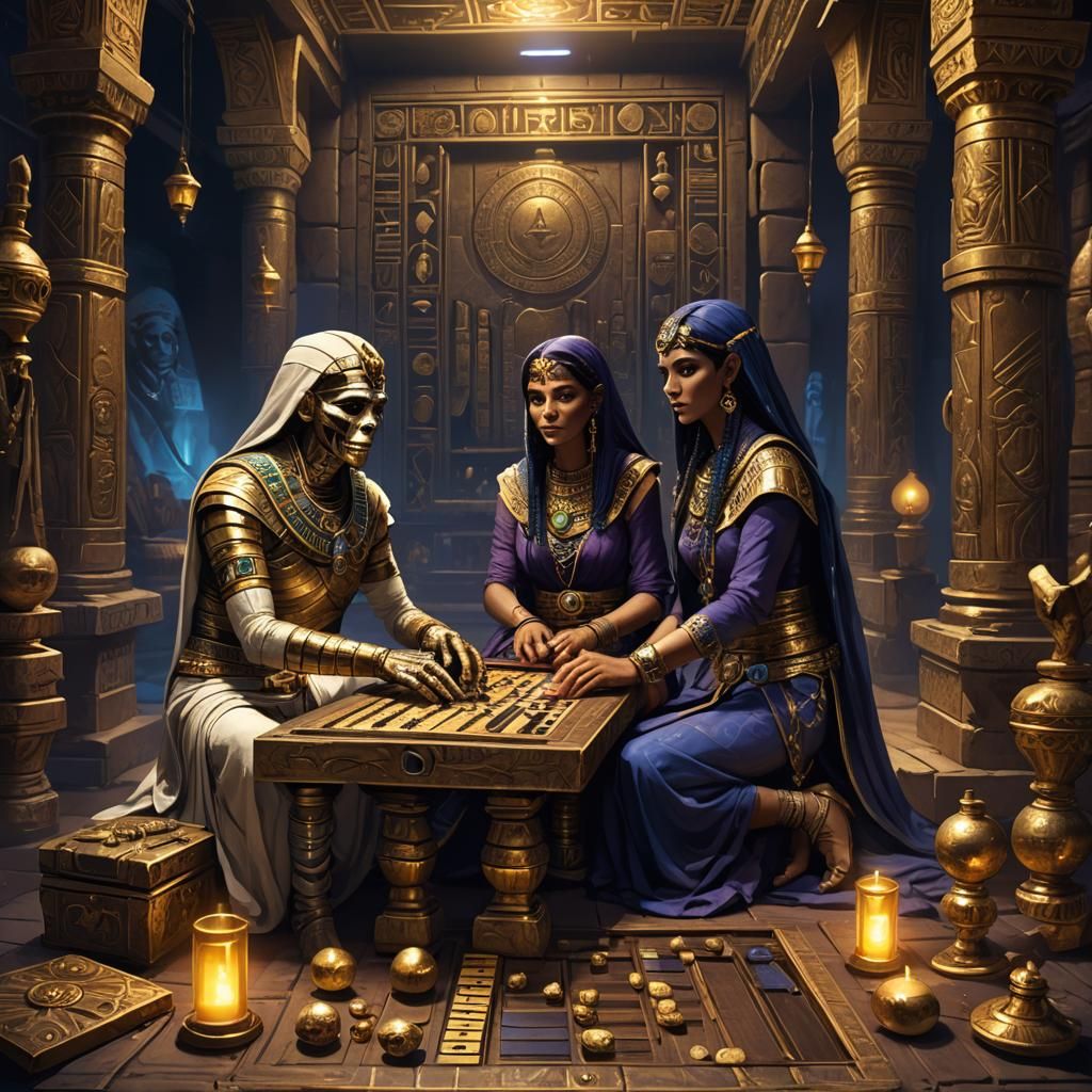 Mummy Couple Play Backgammon in Egyptian Tomb